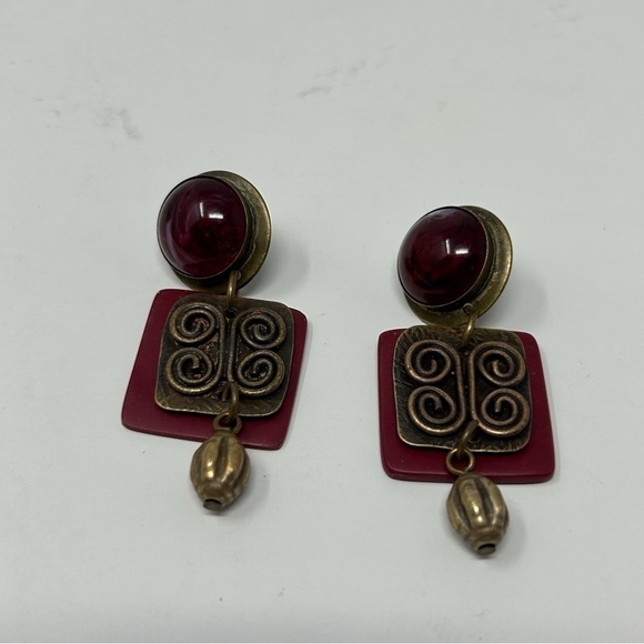 Boho Red Swirl Stud Dangle Earrings with Bronze Swirl Knotted Design Unique - Picture 6 of 8